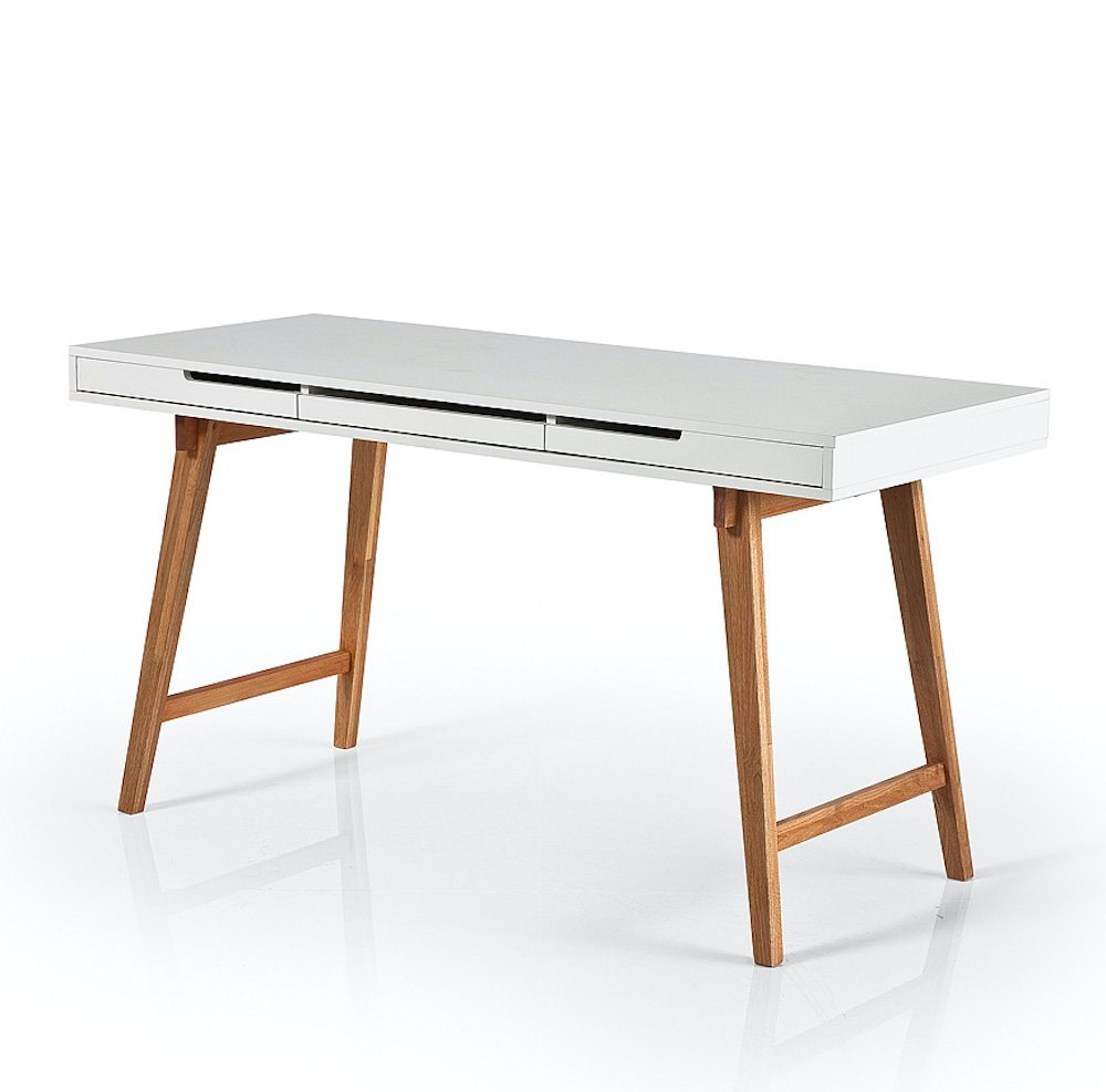 Bureau style scandinave FALCO blanc et bois 3 tiroirs